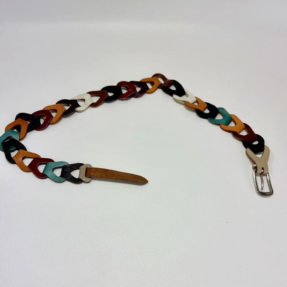 Vintage Womans Small Interlocking Multi-colored Leather Link Belt
